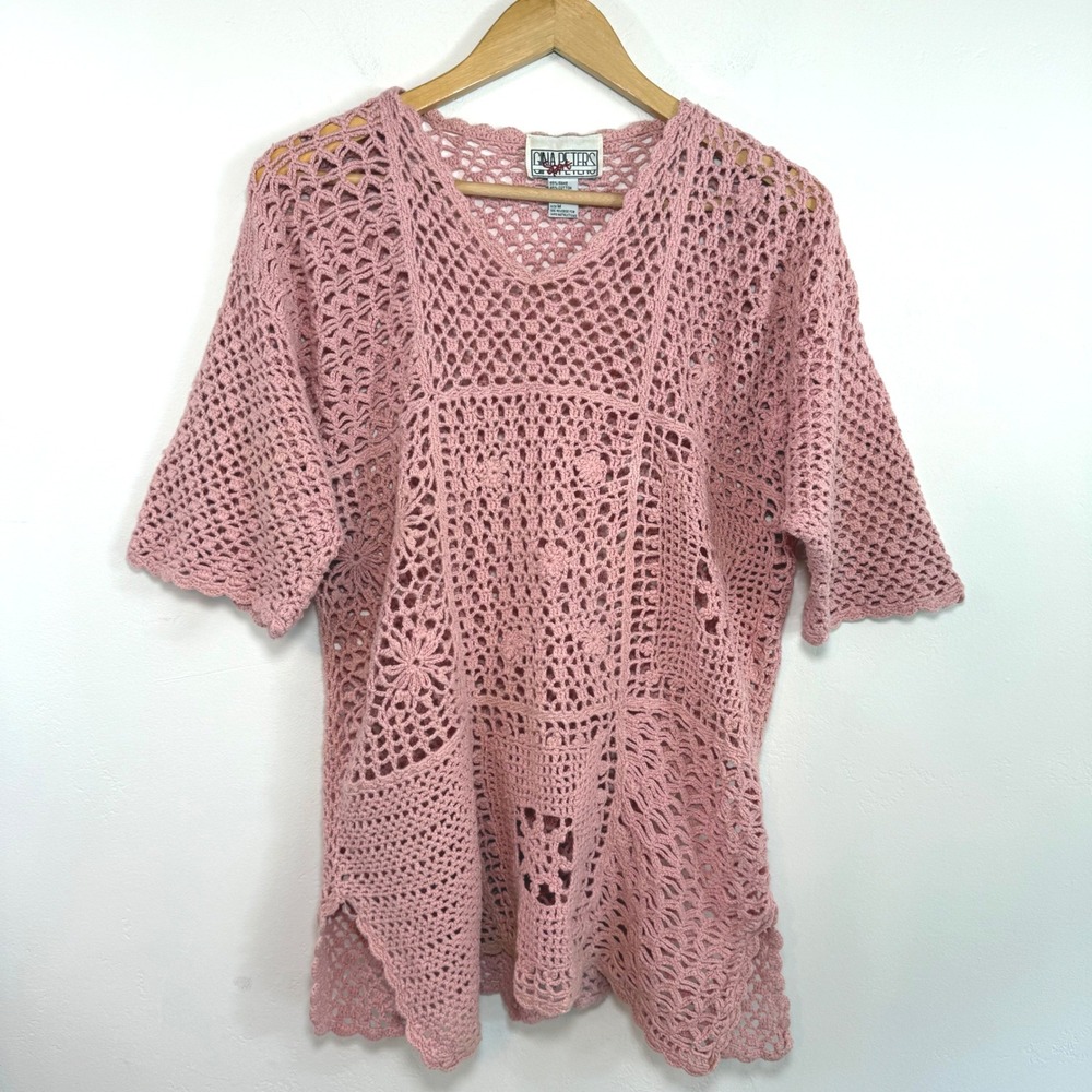 VTG Pink Crochet Knit Top by Gina Peters Sport Boho Cottagecore Beachy Sz M